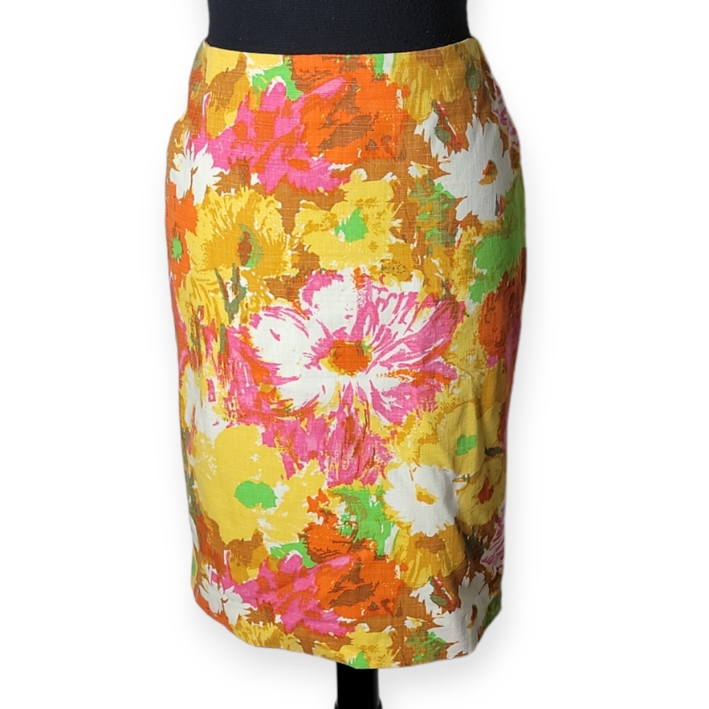 Talbots floral pencil skirt yellow pink green abstract print cotton women size 2